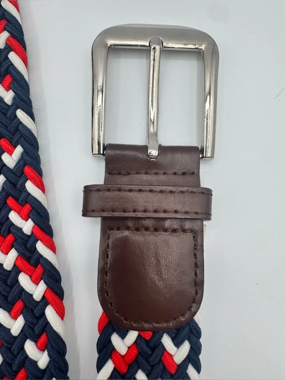Vintage Braided Stretch Belt Navy Red White Brown Leather Trim Preppy Nautical